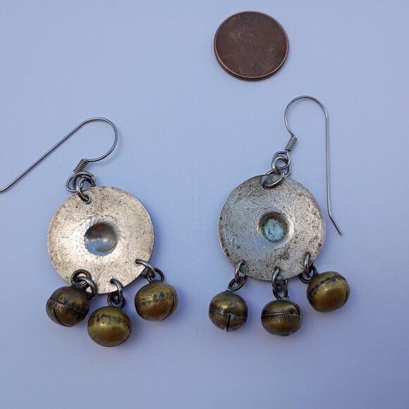 Vintage "Mexican Silver" Disc Earrings with Bells - Picture 3 of 3